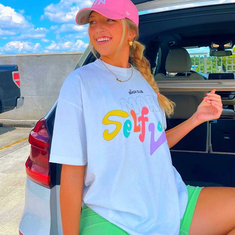 -Retro sports style outfit streetwear 90s fashion Women Graphic Printing Self Love White Loose T shirts Short Sleeve Cotton Vintage Top Summer Ins Fashion Y2K Street Shirts