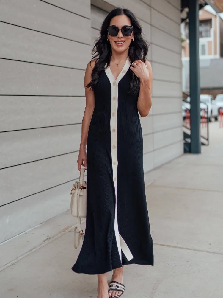 vmtvr Elegant V-neck Knitted Maxi Dress for Women Sexy Sleeveless Single Breasted Slim Party Dresses Summer Lady Casual Dress 2024