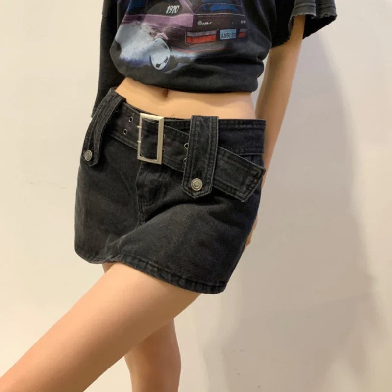 vmtvr Low Waist Women Mini Skirts Black Summer Belt Sexy A Line Denim Skirts Korean Fashion Streetwear New Y2K Jeans Skirt