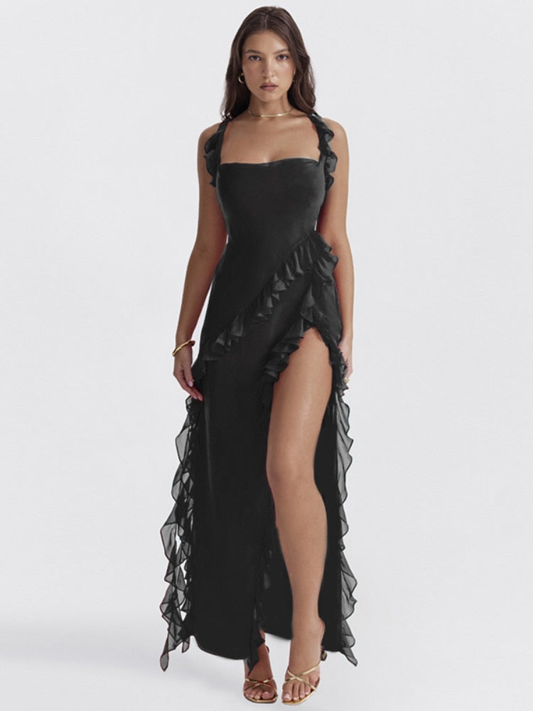 Ruffles Chiffon Maxi Dresses for Women Backlesss Split Sexy Porm Dress Red Long Summer Wedding Party Dress Elegant Luxury