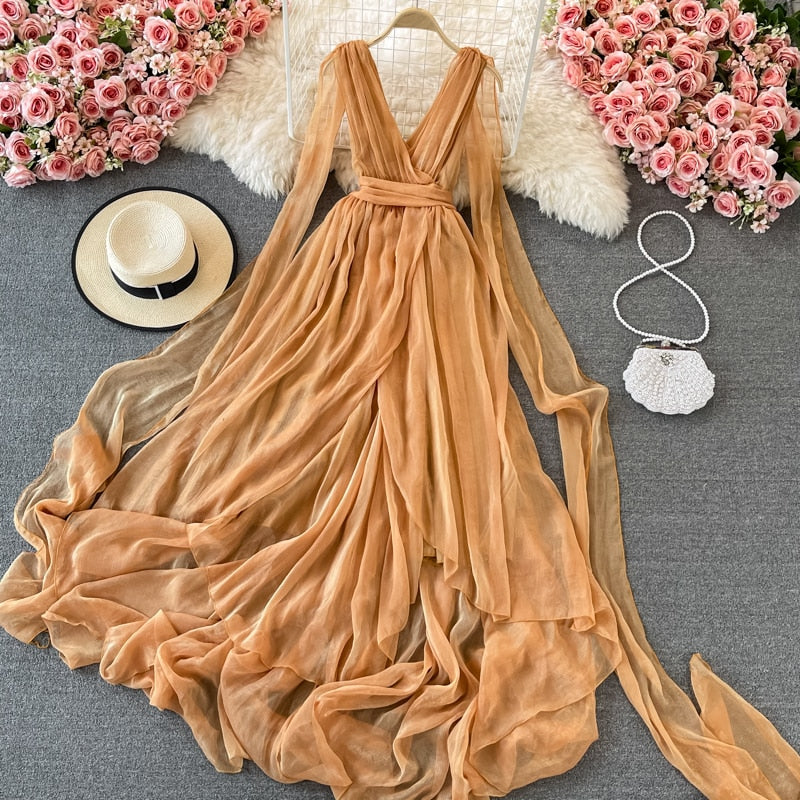 vmtvr - Autumn Khaki/White Bandage Chiffon Long Dress Sexy Deep V-Neck Sleeveless High Waist Vestidos Vacation Beach Maxi Robe New