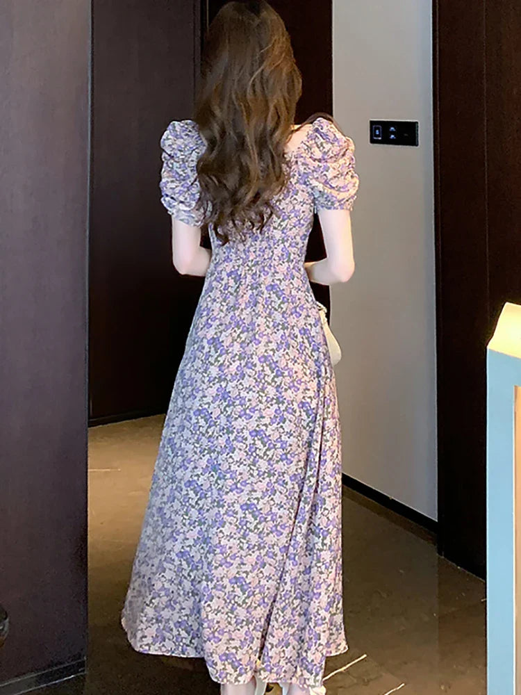 vmtvr 2024 Floral Chiffon Chic Square Collar Casual Beach Dress Summer Elegant Casual Prom Clothes Women Korean Fashion Evening Dress