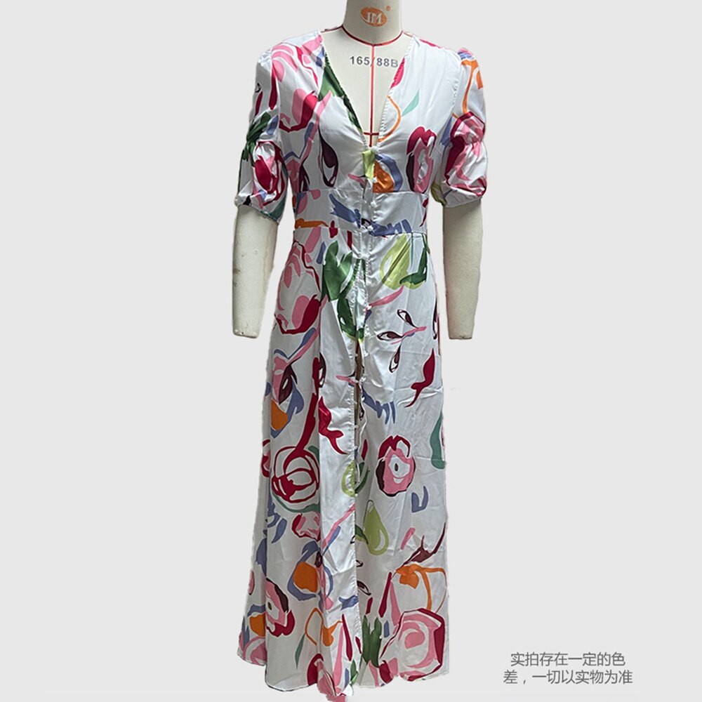 vmtvr - Dresses For Women Summer Sexy Print Long Maxi Dress Ladies Elegant Button Up Boho Floral Ruffles Pink Robe Vestidos