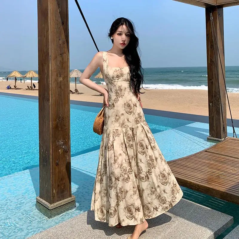 vmtvr Rose Floral Printing Ruffles Slip Long Dresses Bohemian Backless Sleeveless Women Summer Beach Travel Party Wear Ladies Vintage
