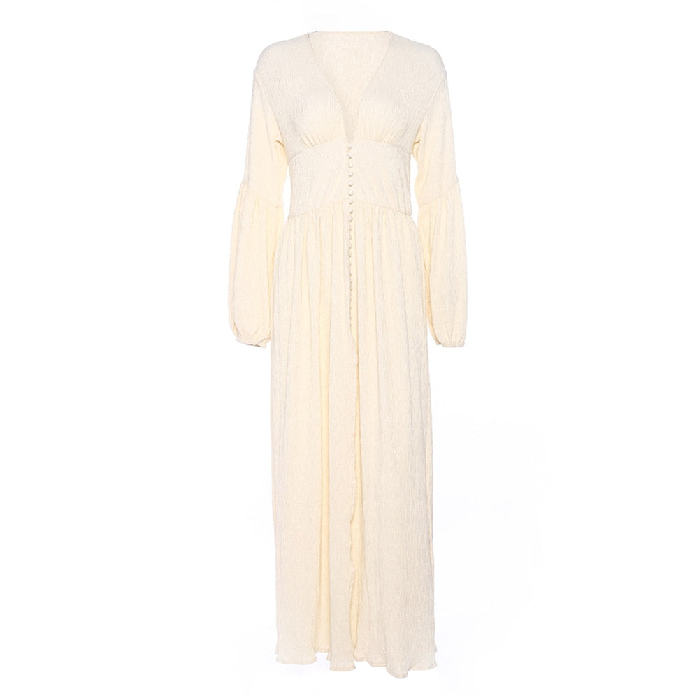 vmtvr - Femme Boho Maxi Dress Lantern Sleeve Vintage Long Split Dresses Button Down Draped Chic Mujer Vestidos Gothic Robes