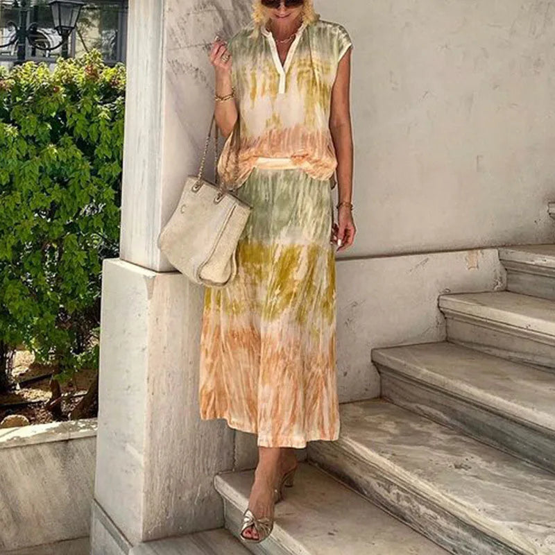 vmtvr Fashion Temperament Printed Party Suit Women V-neck Sleeveless Vest Top with Skirt Two Piece Sets Elegant Summer Holiday Outfits