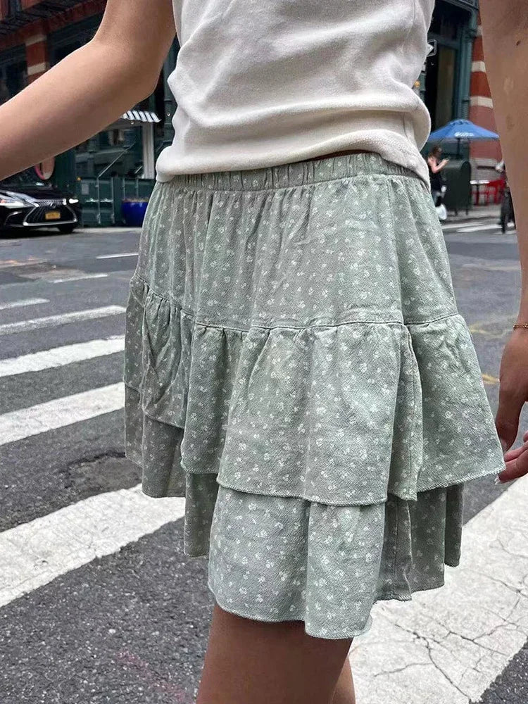 vmtvr Sweet Women Floral Ruffles Mini Skirt 2024 Summer Ladies Cute Elastic High Waist A-line Skirts Female Vintage Chiffon Skirt