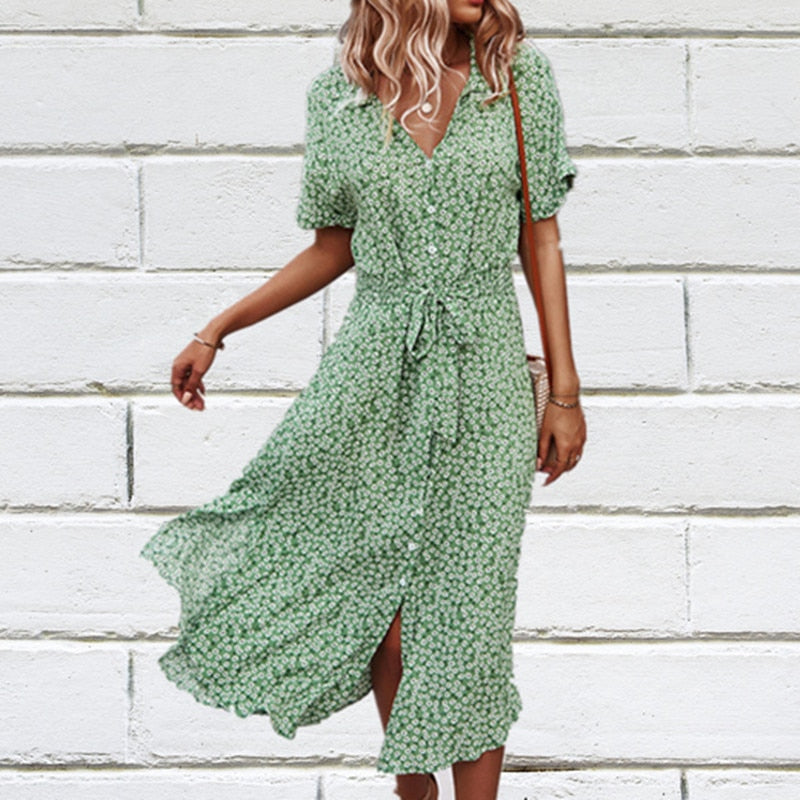 vmtvr Summer Puff Sleeve Long Dress Women Elegant Printed V-Neck Maxi Dresses Boho Drawstring Loose Holiday Beach Dress