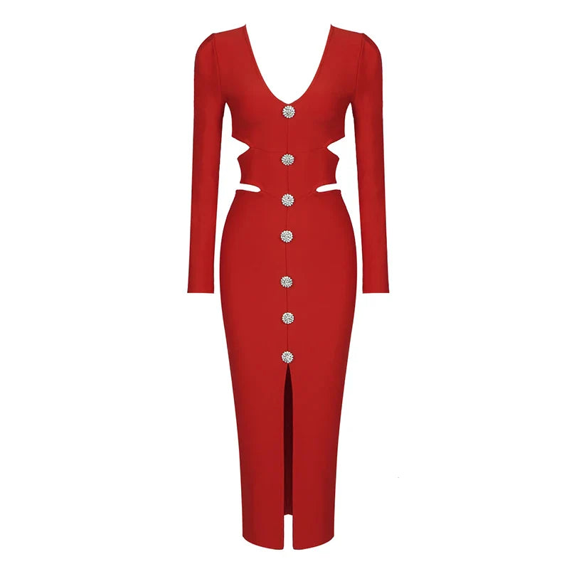 vmtvr - Women Winter Bandage Dress Sexy V Neck Long Sleeve Cut Out White Diamonds Midi Elegant Evening Party Club Dress Vestidos
