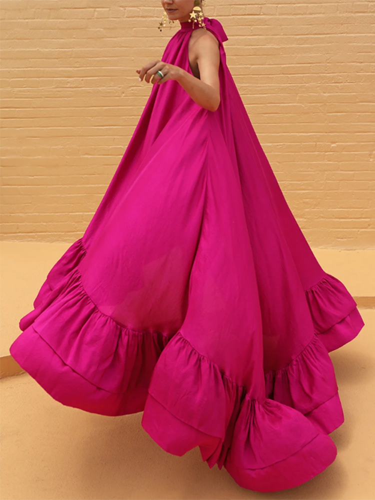 Lemongor Female Fashion Solid Color Stand Collar Falbala Mermaid Dress Summer Sleeveless Vacation Maxi Dresses For Women