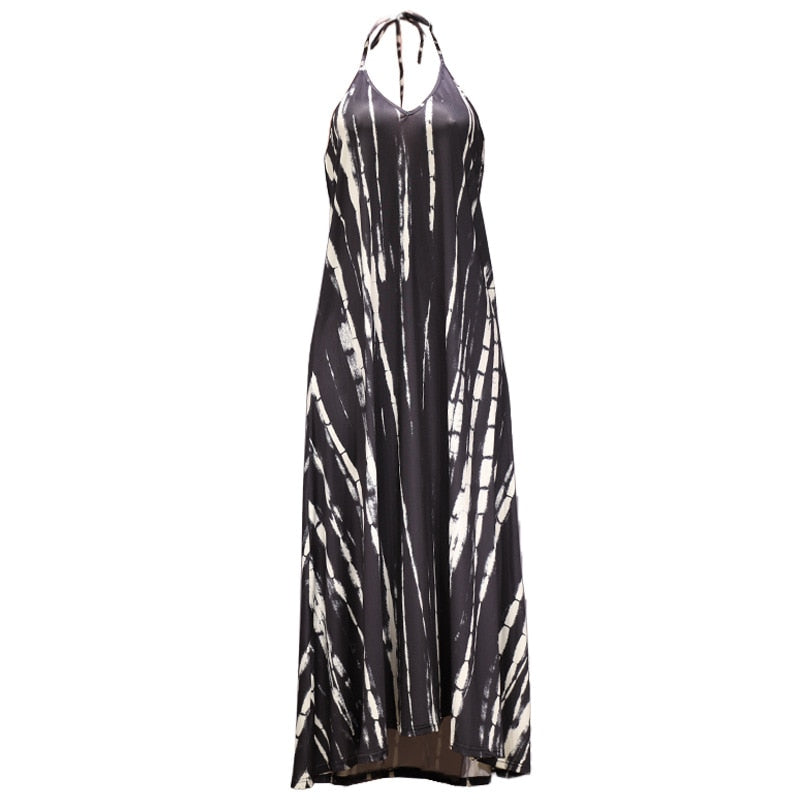 vmtvr - Women's Sexy Sleeveless Necktie Maxi Dress Backless Printed Summer Dress Halter Long Vestidos Boho Dyed Holiday Robes