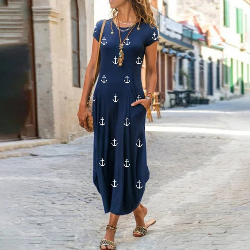 vmtvr - Elegant Women Maxi Dress Summer O Neck Short Sleeve Sundress Office Lady Party Dress Female Print A-Line Long Dress Vestido