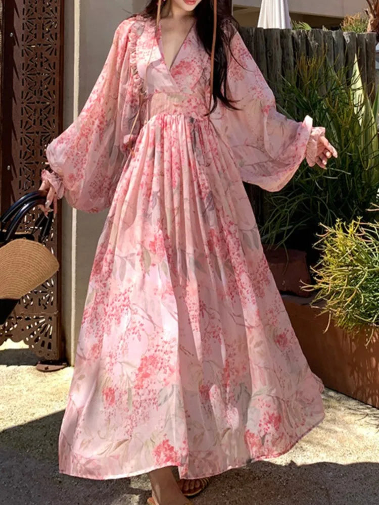 vmtvr Spring And Summer Floral Print Long Dress For Women Lantern Sleeve Beach Holiday Dresses V-Neck Long-Sleeved Robe Clothes