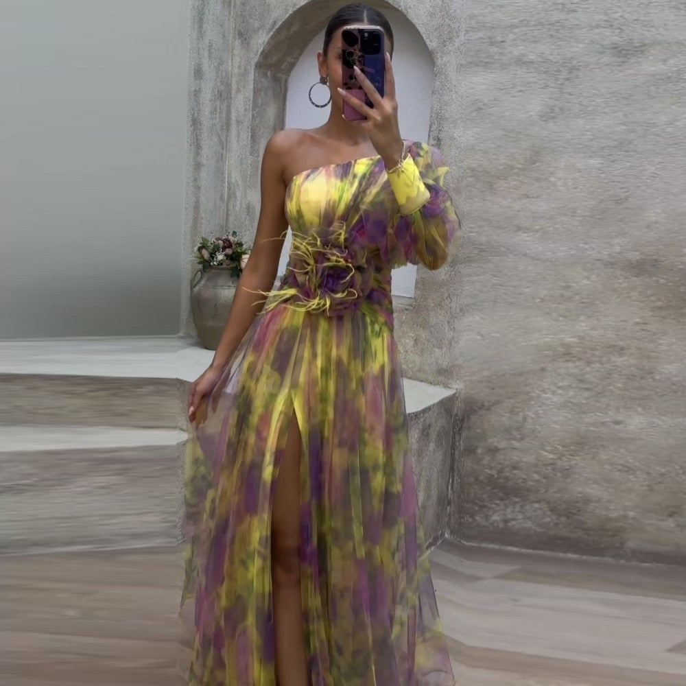 vmtvr - Elegant Tie-dye Print Dress Women Fashion Oblique Shoulder Pleated Long Dresses 2023 Summer Autumn Lady Party Evening Vestidos