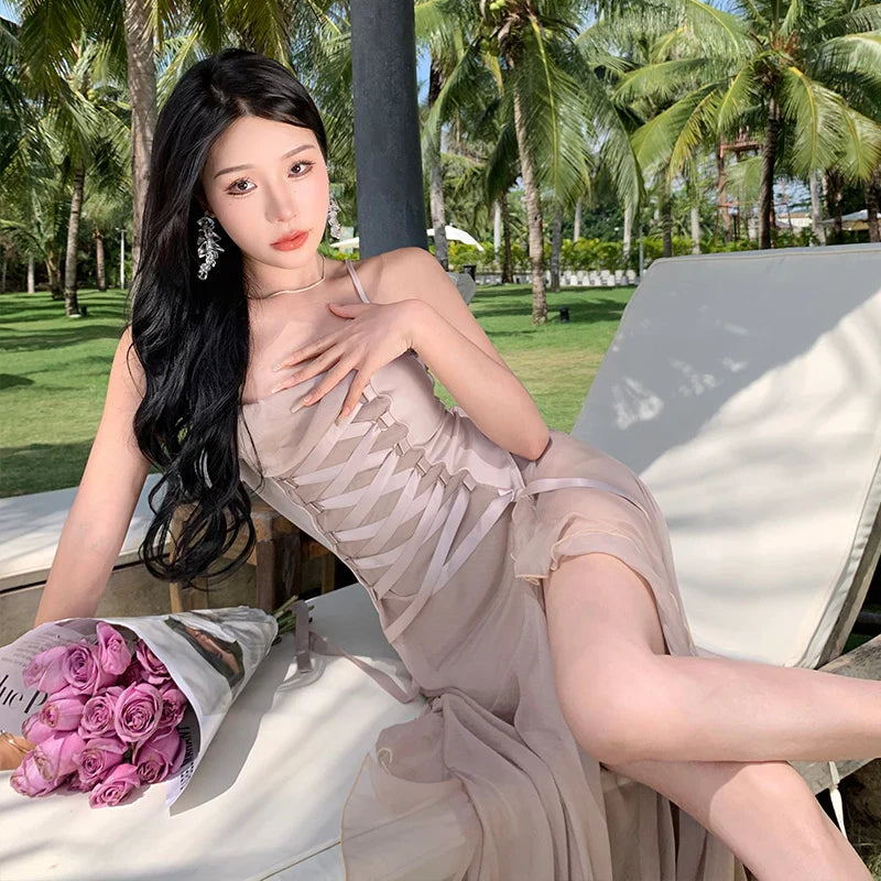 vmtvr - Maxi Long Dresses for Women New Summer Elegant Spaghetti Strap Slim Split Ruffle Female Clothes Beach Holiday Bandage Dress
