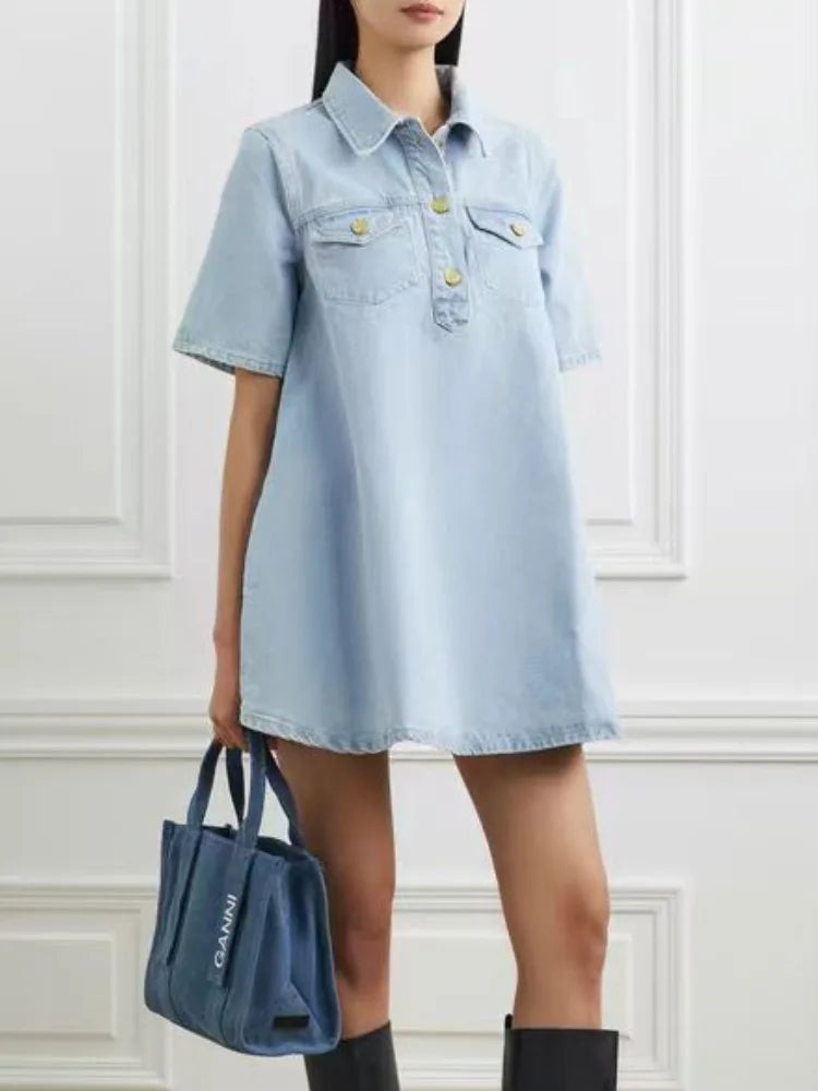 vmtvr Summer Blue Denim Mini Dress Women Fashion Turn-down Collar Loose A-line Dress 2024 Short Sleeve Casual Dress Streetwear