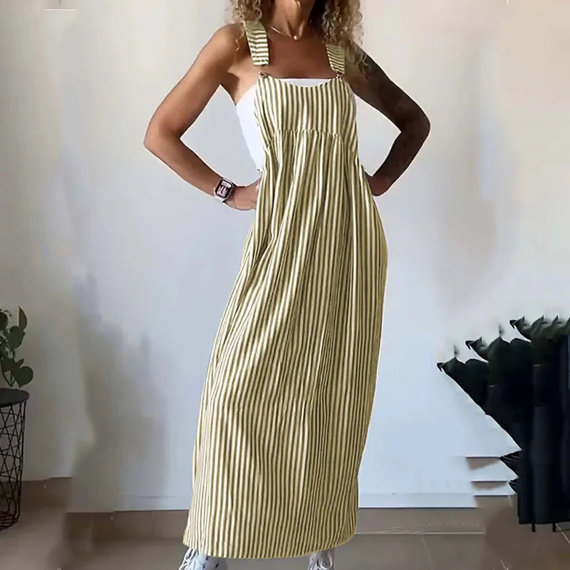 vmtvr Vintage Striped Print Sleeveelss Suspender Dress Summer Casual Pocket Loose Party Dress 2024 Women Sexy U-neck Pleat Long Dress