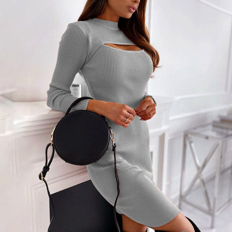 Sexy Hollow Long Sleeve Midi Dress Solid Color Slim Fit Fashion Hollow Out One Step Korean Robe Club Pencil Dress For Women