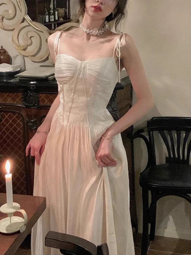 vmtvr 2024 Summer Sweet Elegant Vintage Slip Dress Women Folds Design Sexy Long Fairy Dress Female Korean Casual Y2k Party Dress New