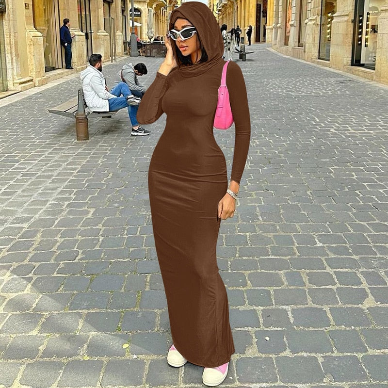 vmtvr - Hooded Long Sleeves Fitted Dress for Women Elegant Sexy Back Slit Bodycon Maxi Dresses Street Style