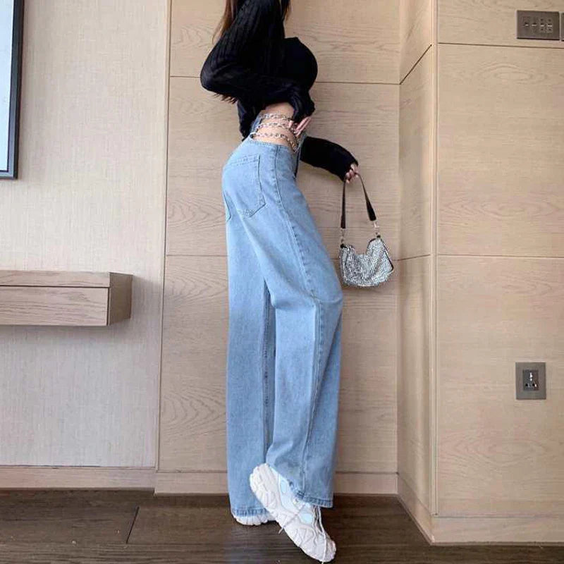 vmtvr Sexy Hollow Out Chain Streetwear Jeans for Women Summer High Waist Loose Harajuku Straight Denim Pants Fashion Korean Y2K Jeans