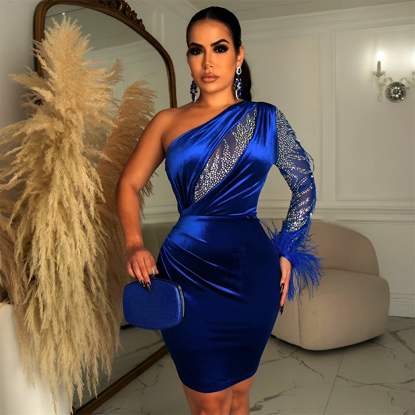 Sexy Feather Hot Rhinestone One Shoulder Party Club Mini Dress Women Velvet Long Sleeve Backless Elegant Outfit Evening Dresses