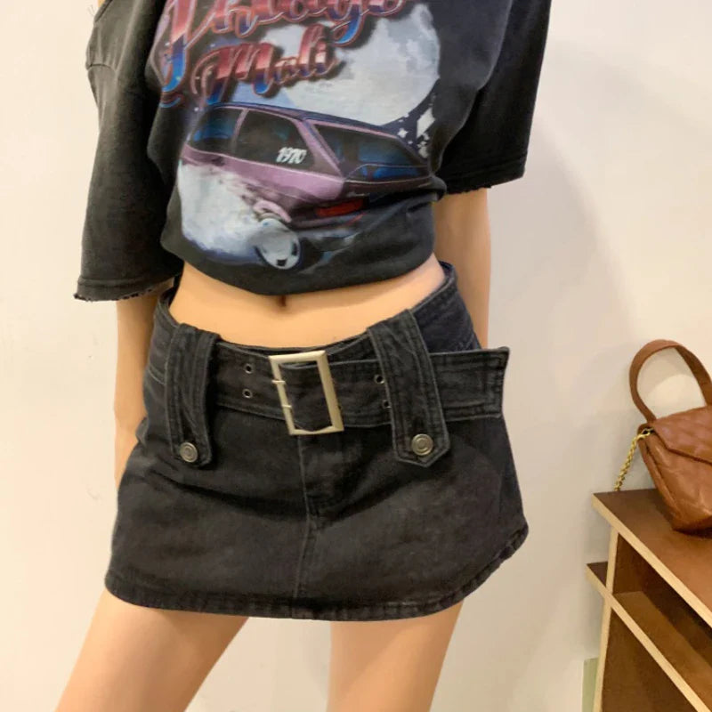 vmtvr Low Waist Women Mini Skirts Black Summer Belt Sexy A Line Denim Skirts Korean Fashion Streetwear New Y2K Jeans Skirt