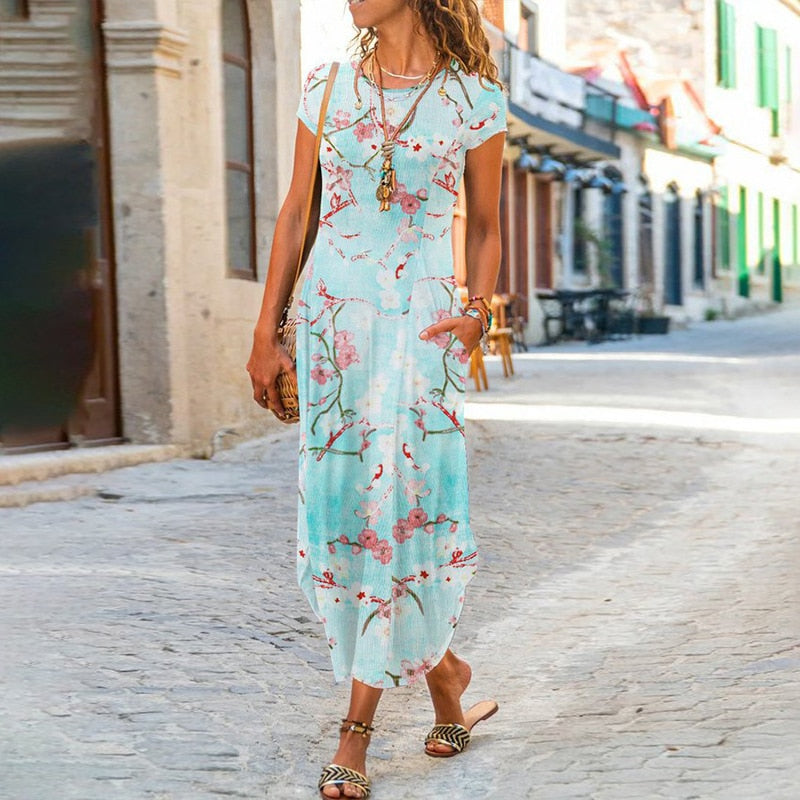 vmtvr - Elegant Women Maxi Dress Summer O Neck Short Sleeve Sundress Office Lady Party Dress Female Print A-Line Long Dress Vestido