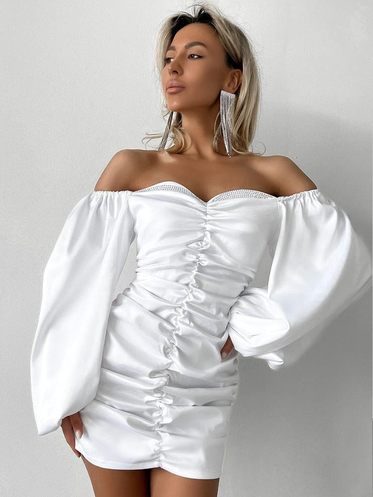 Off Shoulder Satin Evening Dresses For Women Elegant Cocktail Party Dress Black Long Sleeve Ruched Bodycon Dress Mini