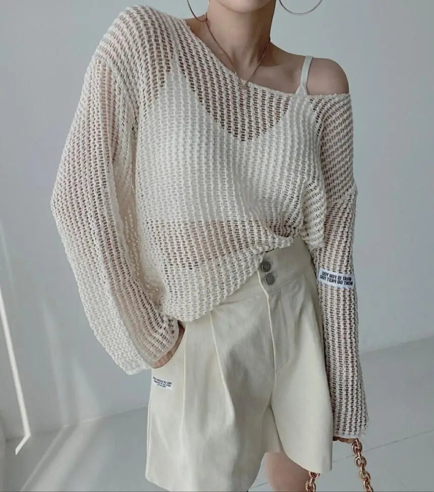 vmtvr Long Sleeve T-shirt Women Summer Thin Section Hollow Ice Silk Knit Sunscreen Coverall Korean Loose Tops