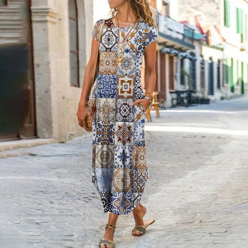 vmtvr - Elegant Women Maxi Dress Summer O Neck Short Sleeve Sundress Office Lady Party Dress Female Print A-Line Long Dress Vestido