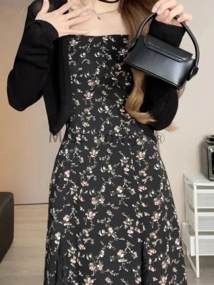 vmtvr Lace French Vintage Two Piece Set Women Print Korean Fashion Midi Dress Suit Female Long Sleeve Coat + Sweet Dress Summer