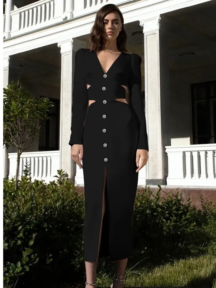 vmtvr - Women Winter Bandage Dress Sexy V Neck Long Sleeve Cut Out White Diamonds Midi Elegant Evening Party Club Dress Vestidos