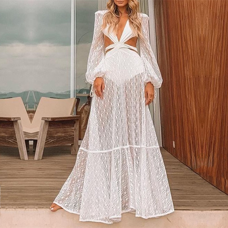 vmtvr Sexy V-Neck Backless Hollow Out Dress Summer Women Lantern Sleeve Club Party Long Maxi Dresses Tunic Beach Cover Up A916