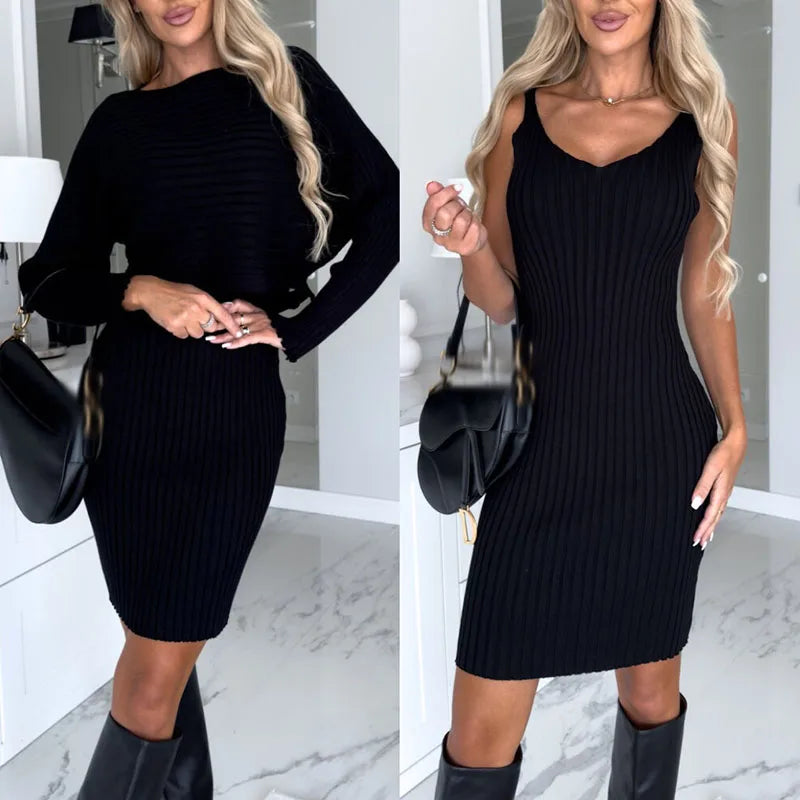 vmtvr Trendy Sexy Solid Rib Women Suit Dress Fall V-neck Sling Bodycon Dress With Knitted Sweater Winter Long Sleeve Warm Office Dress
