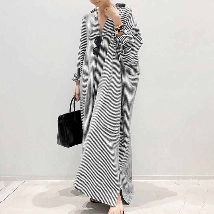 vmtvr - Single Breasted Loose Maxi Dress Stripe Button Down Oversized Dress Long Sleeve Casual Blouse Dresses 5XL Plus Size Dress