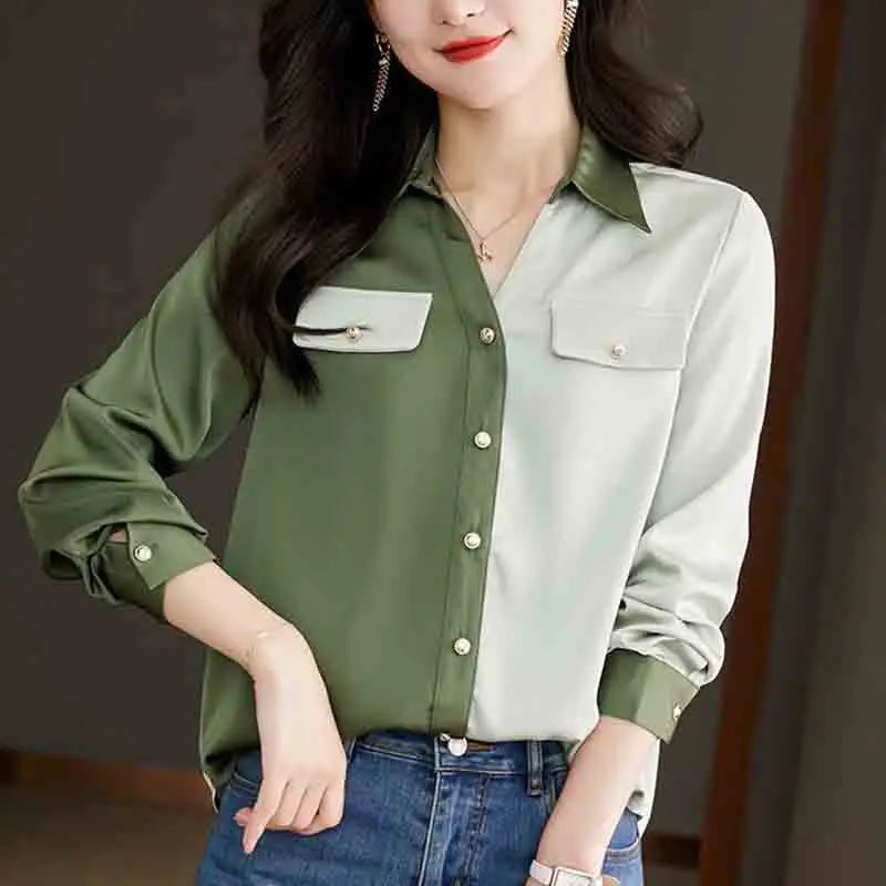 vmtvr Office Lady Korean Clothing Fashion Long Sleeve Chiffon Shirt Spring Summer Women Casual Versatile Contrast Color Chic Blouse