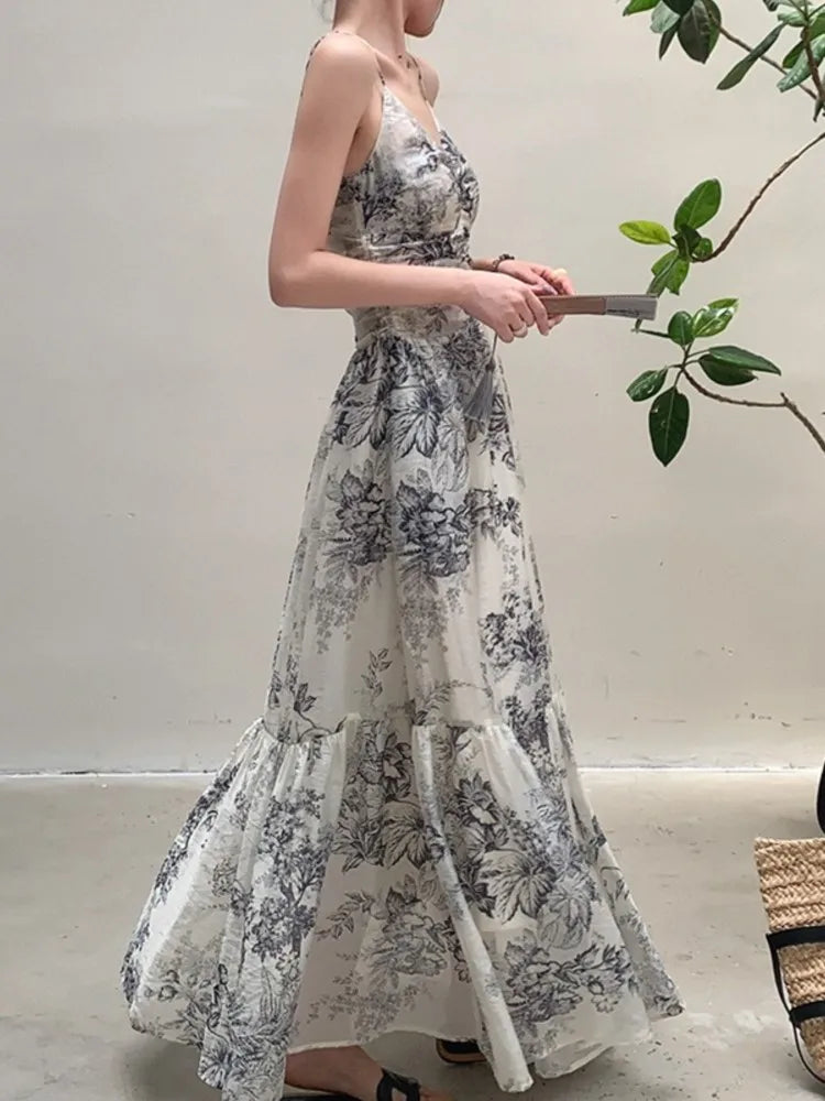 vmtvr Elegant Floral Long Dresses for Women Summer New Spaghetti Strap Party Dress Vintage Casual A-Line Female Prom Robe Vestidos