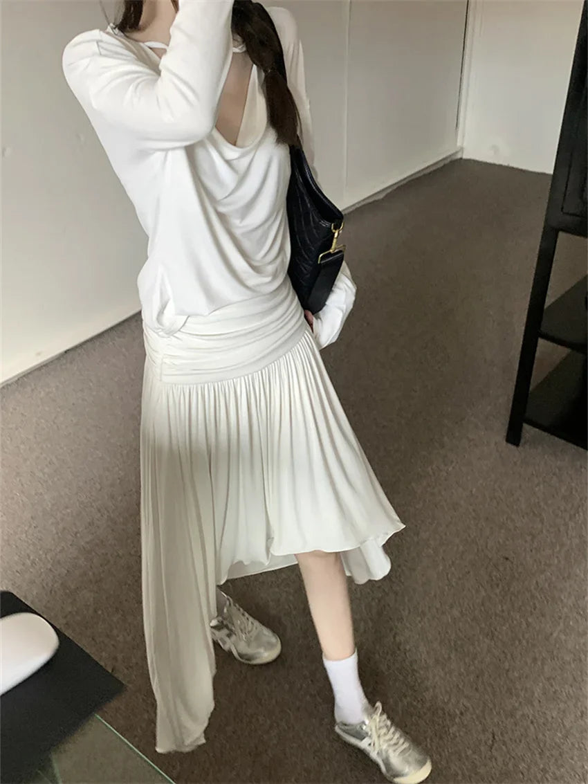 vmtvr Knitted T-Shirts Autumn Suits Women Chic Irregular Maxi Skirts New Office Lady Slim Sunscreen Daily Sets