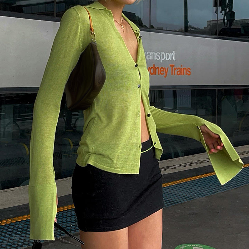 -Fall Outfits Long Sleeve Top Knitted Blouses Green Black White Spring Womens Fashion Y2k Shirts Button Up Cardigan Long Sleeve Tops