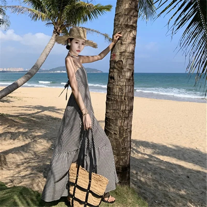 vmtvr 2024 New Women Plaid Lace Up Backless Beach Dress Summer Retro Vacation Slip Female Y2K Swinging Casual Long Dance Sundress