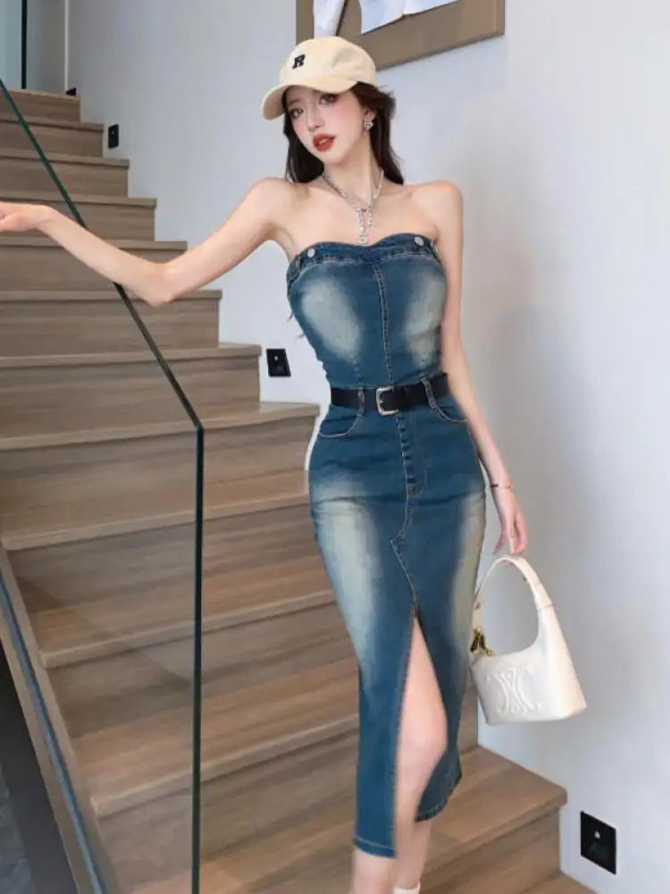 vmtvr Sleeveless Women Denim Suspender Dress Summer New Midi Blue Korean Fashion Strapless Streetwear Female Off Shoulder Slit Dresses