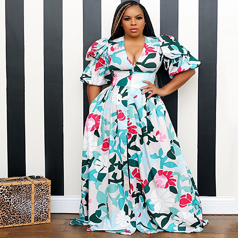 vmtvr - Dresses For Women Summer Sexy Print Long Maxi Dress Ladies Elegant Button Up Boho Floral Ruffles Pink Robe Vestidos