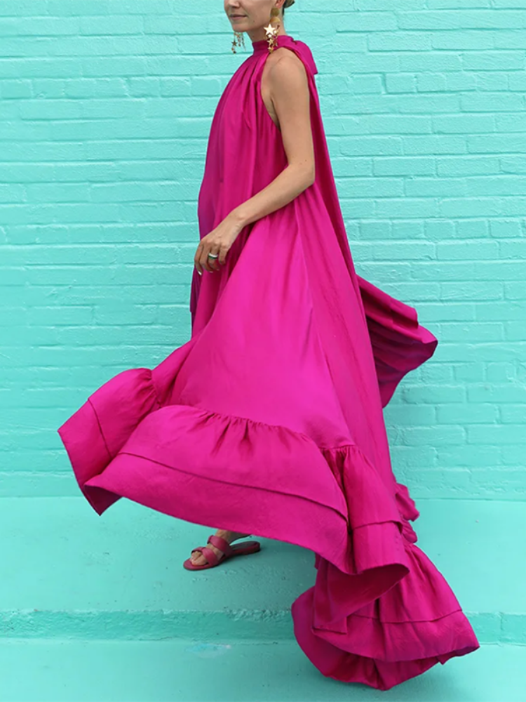 Lemongor Female Fashion Solid Color Stand Collar Falbala Mermaid Dress Summer Sleeveless Vacation Maxi Dresses For Women