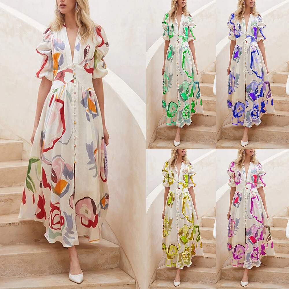 vmtvr - Dresses For Women Summer Sexy Print Long Maxi Dress Ladies Elegant Button Up Boho Floral Ruffles Pink Robe Vestidos