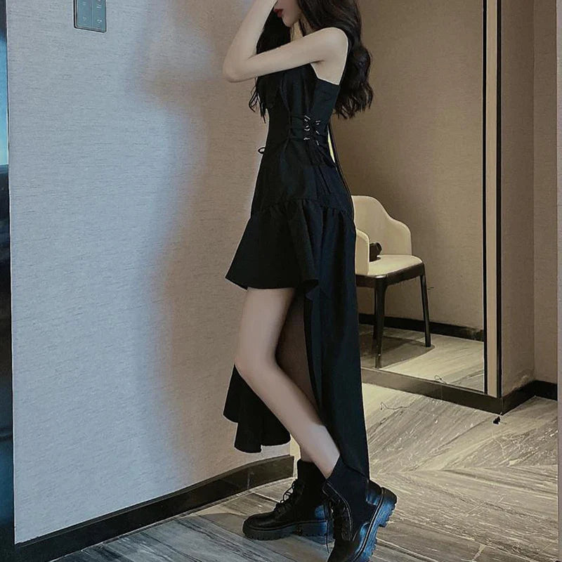 vmtvr Y2K Women Camis Dress Korean Lace-Up Waist Black Dress Summer Fashion Asymmetries Female Ball Gown Dresses New