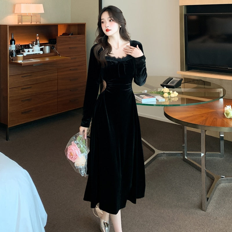 vmtvr - New Spring and Fall Vintage Black Long Sleeve Dress Woman Elegant Fashion Velvet Midi Dress Korean Style Even Party Dresses