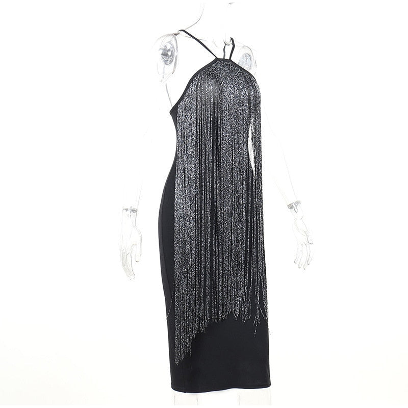 Sexy Sequins Tassel Halter Dress Women Fashion Sleeveless Backless Slim Dresses Lady Elegant Clubwear Party Evening Dress