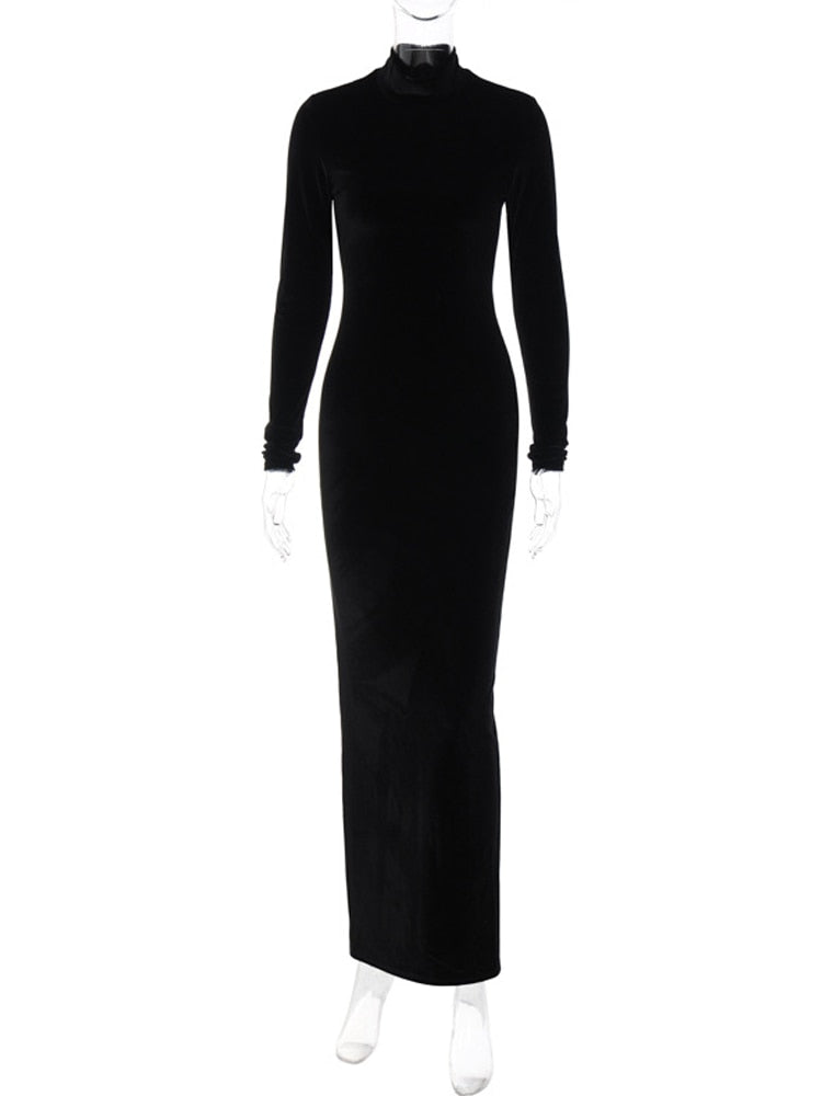 Long Sleeve Elegant Black Velvet Bodycon Maxi Dress For Women Ruched Party Evening Long Dresses Spring Female Clothes