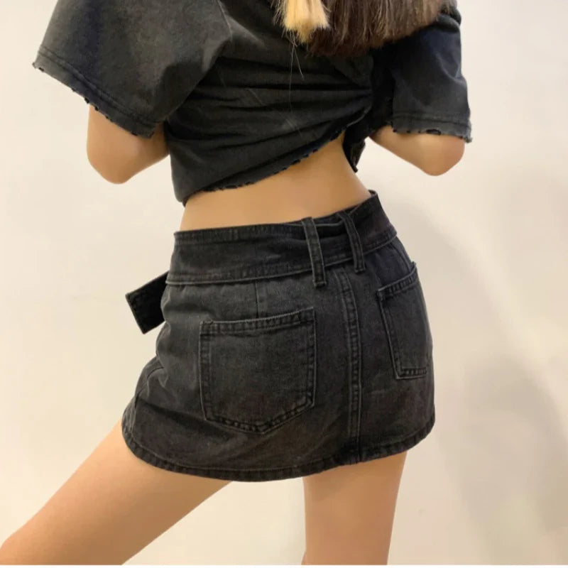 vmtvr Low Waist Women Mini Skirts Black Summer Belt Sexy A Line Denim Skirts Korean Fashion Streetwear New Y2K Jeans Skirt